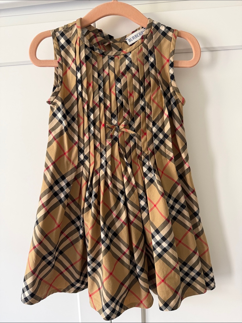 Burberry Girls Tan Check Pleated Sleeveless Dress Size 2Y